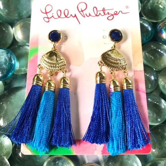 LILLY PULITZER EARRINGS NWT SEASIDE TASSEL ⭐️Capri Blue/Gold SHELLS-PIERCED-POST - Picture 9 of 9